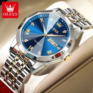 OLEVS 9931 Quartz Watch For Men Rhombus Mirror Stainless Steel Waterproof Auto Date Week Clock Simplicity Luxury Men’s Wristwatch – Blue